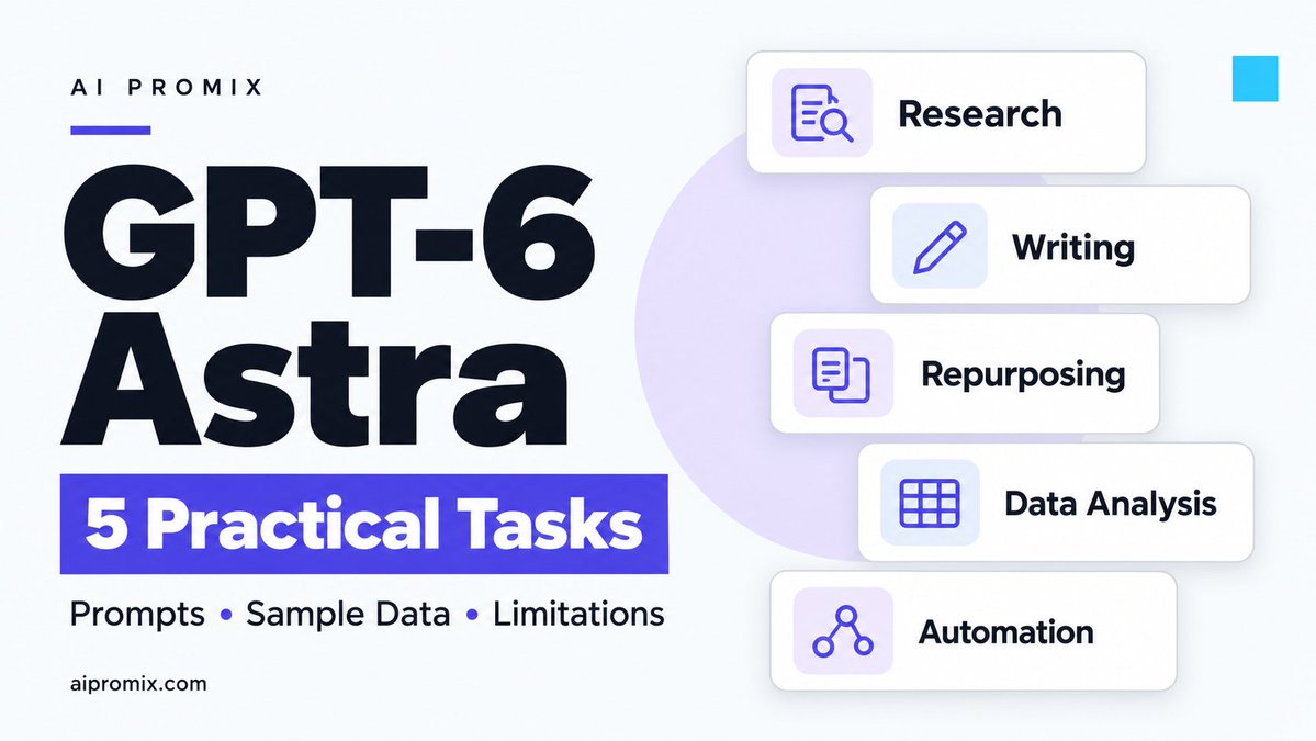 aipromix's tweet photo. Don’t judge GPT-6 Astra by vibes. Test it on work you can verify: source-backed research, constrained writing, repurposing, CSV analysis and an n8n diagnosis.

AI Promix built 5 reproducible tasks + checks. Full guide → https://t.co/Me8GsGHLcS https://t.co/mBDvS0Hl9s
