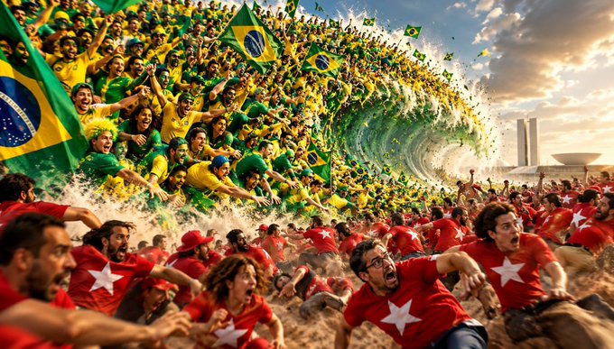 A dramatic illustration depicting a massive clash on a beach between a huge wave of Brazilian flag-waving fans and a group of people in red shirts with white stars.
