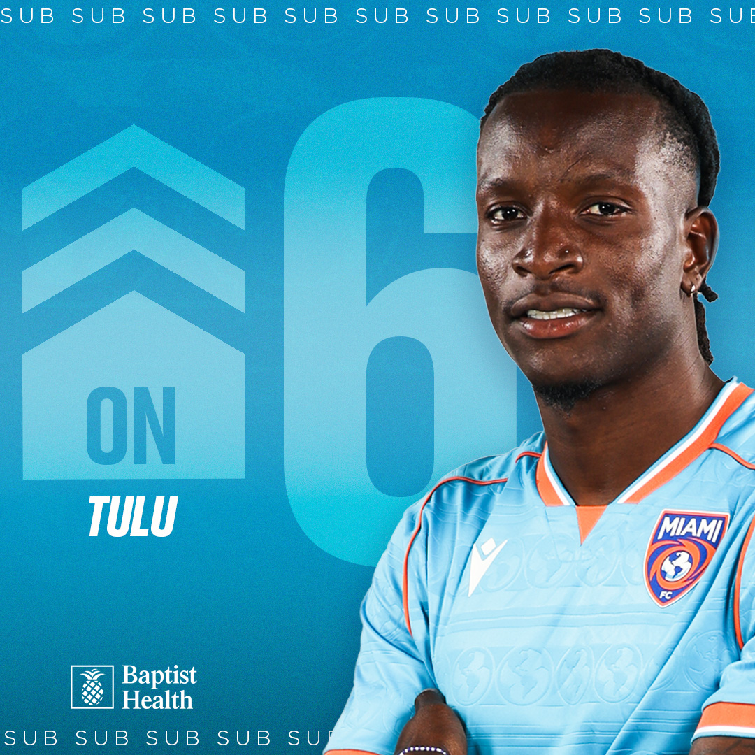 TheMiamiFC's tweet photo. 72โ | ๐ Tulu comes on for Da Costa.
Pres. By @BaptistHealthSF
#VamosMiami | #TBRvMIA 1-2 https://t.co/s6wmA8Znha