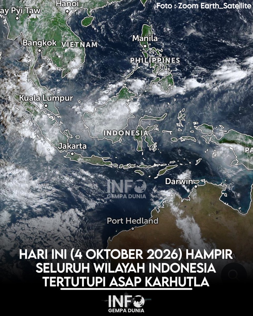infogempadunia's tweet photo. Hari ini (4 Oktober 2026) hampir seluruh wilayah Indonesia tertutupi asap karhutla.

Kondisi udara di sejumlah wilayah Indonesia kembali dipengaruhi oleh asap karhutla dan polusi. Berdasarkan citra satelit, asap dan polusi terlihat hampir menyelimuti seluruh wilayah Indonesia.

Di Sumatra, asap terutama berasal dari kebakaran hutan dan lahan yang terjadi di sejumlah wilayah. Beberapa wilayah masih menunjukkan adanya titik panas baru, sehingga sumber asap belum sepenuhnya berkurang.

Kalimantan juga masih menjadi salah satu wilayah yang terdampak cukup luas oleh asap kebakaran. Asap dari kebakaran di wilayah ini dapat terbawa angin menuju wilayah lain, termasuk Sulawesi.

Sementara itu, di Jawa, kondisi udara tidak hanya dipengaruhi oleh asap kebakaran, tetapi juga polusi dari aktivitas perkotaan, kendaraan, industri, dan berbagai aktivitas manusia lainnya.

Di bagian timur Indonesia, Papua juga masih menghadapi dampak asap dari kebakaran yang terjadi di wilayah Papua Selatan. Titik panas baru juga masih muncul di wilayah tersebut.

Sementara itu, Bali dan Nusa Tenggara relatif memiliki kondisi udara yang lebih baik karena letaknya cukup jauh dari sumber-sumber asap utama.

Kondisi ini tentunya masih dapat berubah mengikuti perkembangan kebakaran, arah angin, serta kondisi atmosfer.

Melihat kondisi saat ini, sepertinya penanganan karhutla yang sudah dilakukan masih belum cukup. Ketika asap dari kebakaran sebelumnya masih menyelimuti banyak wilayah, titik-titik panas baru masih muncul di Sumatra, Kalimantan, dan Papua Selatan.

Persoalannya bukan hanya kebakaran, tetapi juga asap yang dapat terbawa angin dan memengaruhi kualitas udara hingga ke wilayah yang jauh dari sumber kebakaran.

Penanganan karhutla perlu dilakukan secara menyeluruh, mulai dari pencegahan, pemantauan titik panas, penanganan kebakaran, hingga penindakan terhadap pembakaran. Sebab jika titik panas baru terus bermunculan, sebaran asap akan semakin sulit dikendalikan dan kualitas udara di banyak wilayah Indonesia akan terus terdampak.

Salam
@infogempadunia

#info #asap #karhutla
