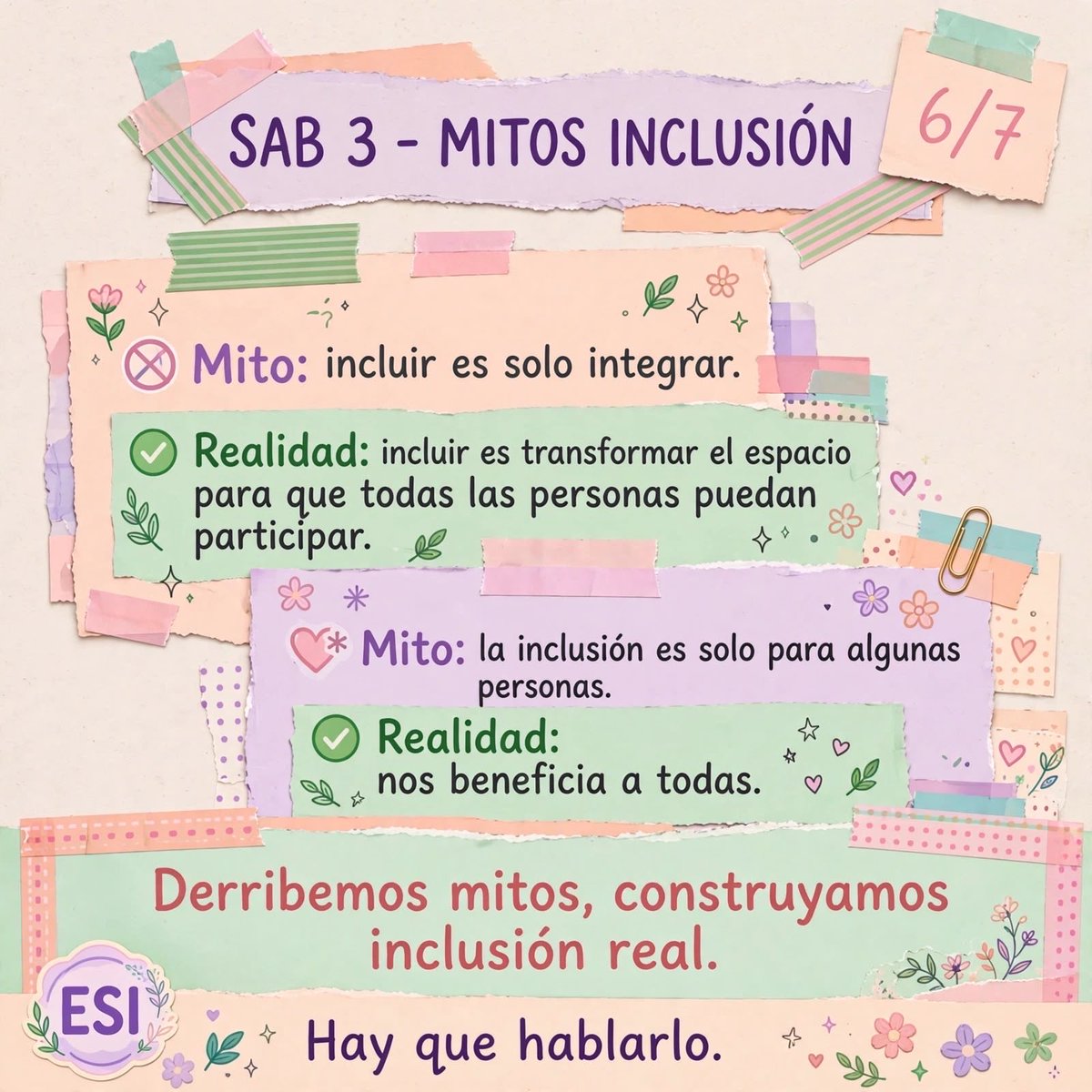 HayQueHablarlox's tweet photo. 💗 DÍA 6/7 — MITOS SOBRE LA INCLUSIÓN
Incluir no es solo integrar, es hacer que todas las personas puedan participar. 🫶

#ESI #Inclusión #Diversidad #Respeto #HayQueHablarlo https://t.co/7VwjJTdkql
