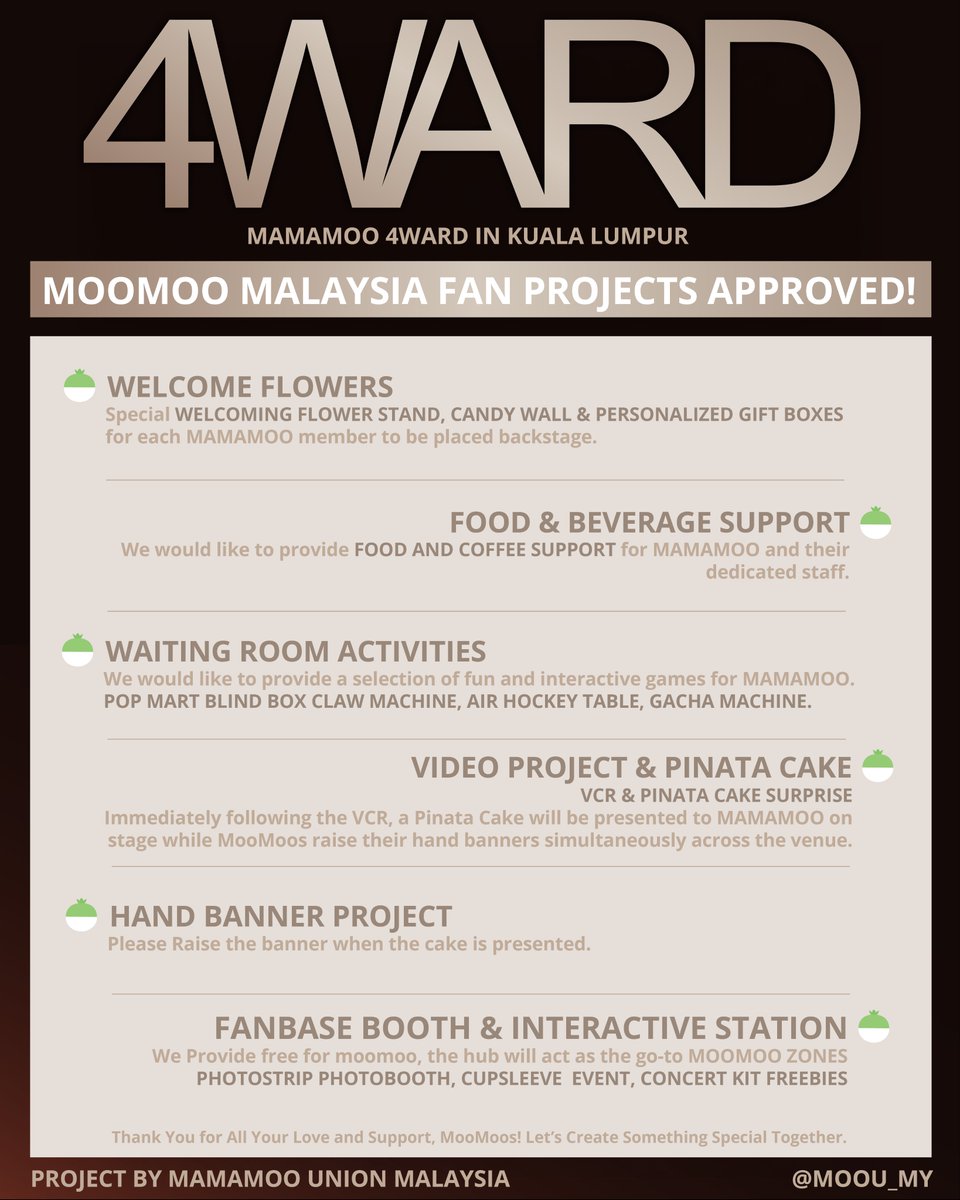 MooU_MY's tweet photo. MAMAMOO 2026 WORLD TOUR <4WARD> IN KUALA LUMPUR FAN PROJECTS UPDATE

DATE: 10 OCT 2026
TIME: 4 PM
VENUE: UNIFI ARENA

Moomoos, are you excited?

#MAMAMOO #MAMAMOOinKL #4WARDinKL https://t.co/oMKTdqRHov