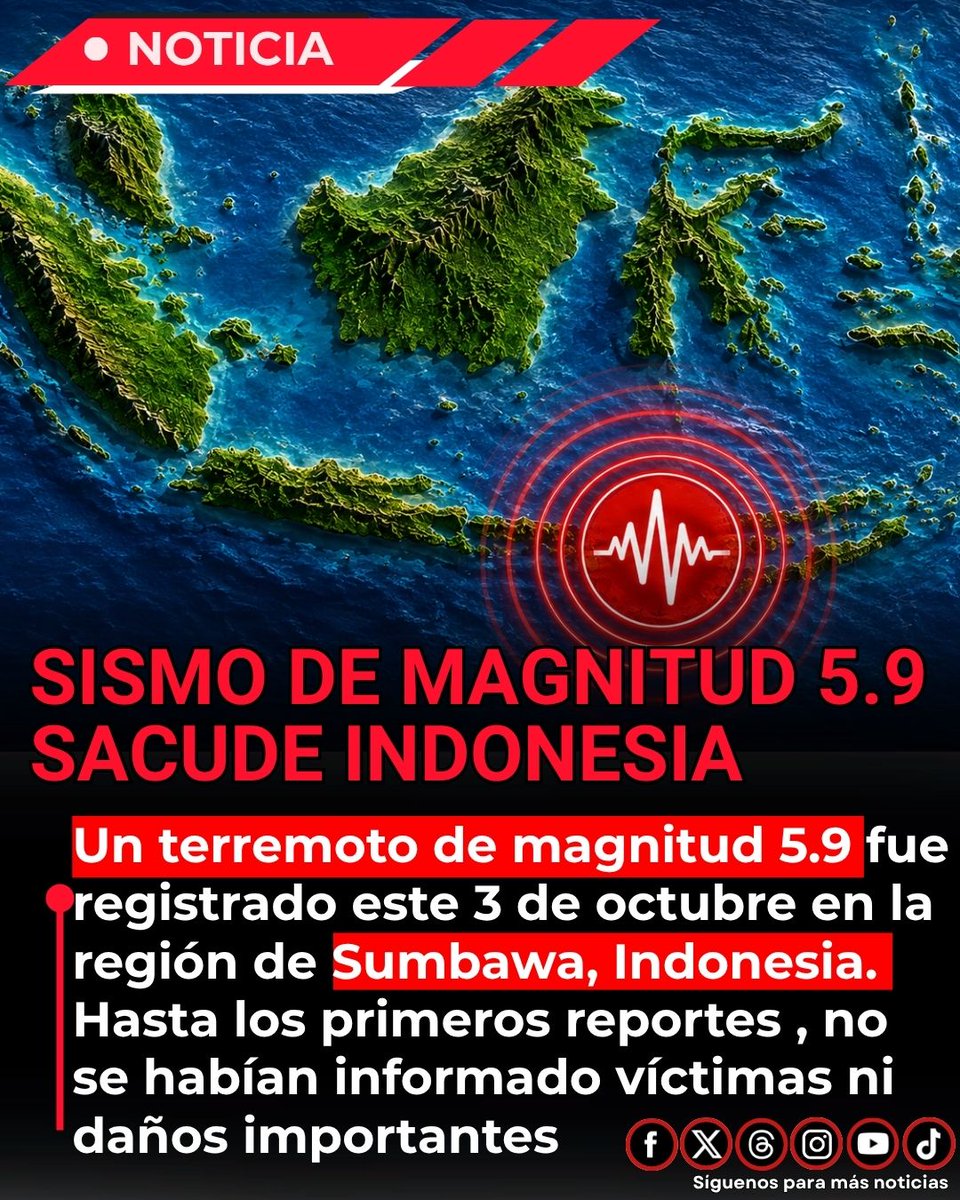 EnsedeCiencia's tweet photo. 🚨Sismo de magnitud 5.9 sacude Indonesia

Un sismo de magnitud 5.9 se registró el 3 de octubre en la región de Sumbawa, Indonesia, a las 22:55 UTC, con una profundidad estimada de 46 kilómetros por GDACS. El organismo considera que el evento tendría un bajo impacto humanitario, aunque alrededor de 130 mil personas estuvieron expuestas a una intensidad de nivel V.

El centro sismológico alemán GFZ reportó una magnitud de 5.8 y una profundidad de 10 kilómetros, por lo que los valores pueden variar entre organismos.