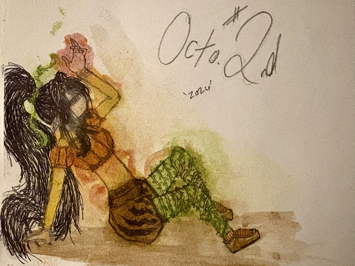 LifeTakingFoxy's tweet photo. Day 2, pumpkin! Drew my queen Layna Lazar in a cute pumpkin outfit! 
(Attempted watercolor but should probably use watercolor paper for better results)
#VGtober26 #LayanLazArt #vtuber #art #pumpkin #drawing https://t.co/kydLlZBOFm