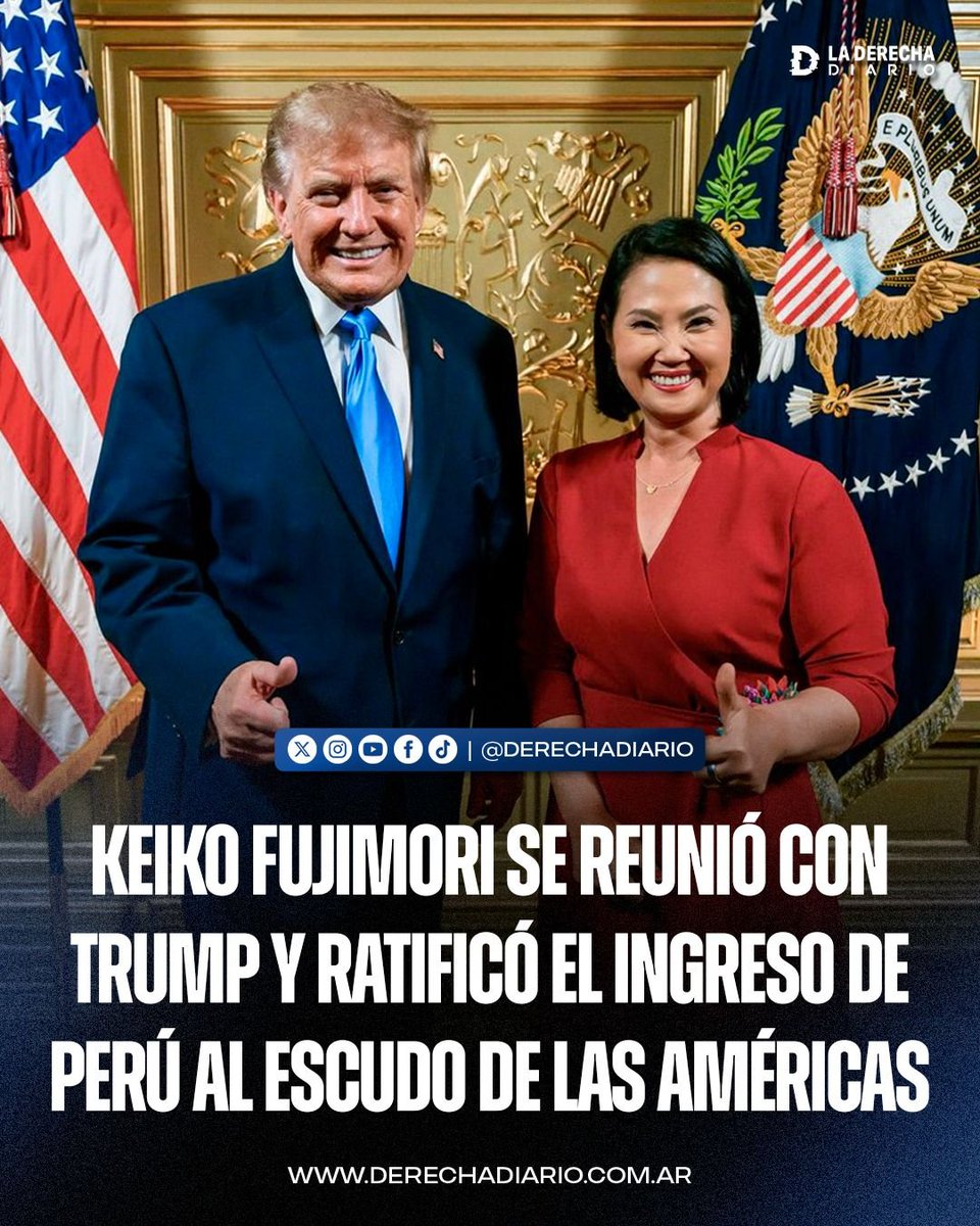 laderechadiario's tweet photo. 🚨🇺🇸🇵🇪 | KEIKO FUJIMORI SE REUNIÓ CON TRUMP Y RATIFICÓ EL INGRESO DE PERÚ AL ESCUDO DE LAS AMÉRICAS: La presidente derechista peruana celebró la adhesión del país al bloque liderado por Donald Trump contra el crimen organizado en el continente.

“El Escudo de las Américas ya está en acción. Nuestra seguridad es un objetivo común que no tiene fronteras”.