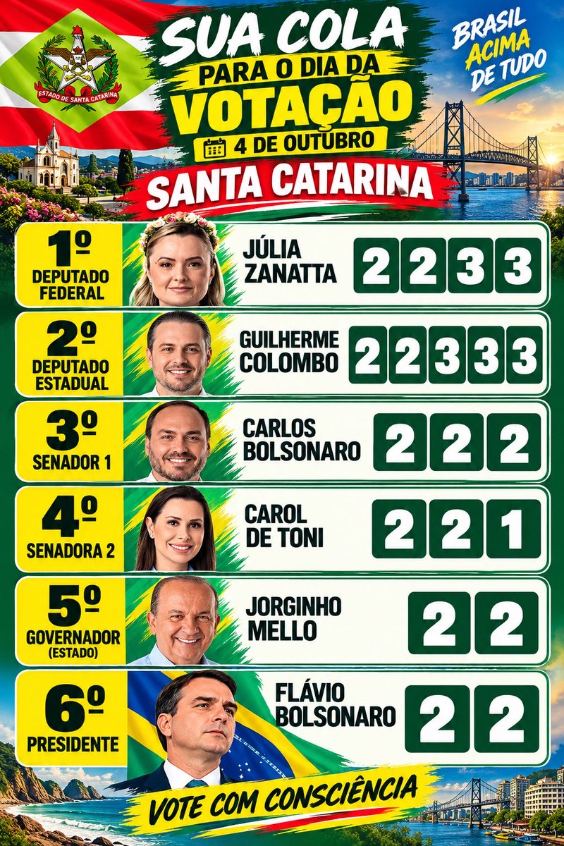 BolsonaroSP's tweet photo. 🔴🟢⚪️SANTA CATARINA⚪️🟢🔴

FEDERAL Júlia Zanatta 2233
@apropriajulia

ESTADUAL Guilherme Colombo 22.333
@guicolombosc

SEN. Carlos Bolsonaro 222 @CarlosBolsonaro

SEN. Carol de Toni 221
@CarolDeToni

GOV. Jorginho Mello 22
@jorginhomello

PR. Flávio Bolsonaro 22
@FlavioBolsonaro https://t.co/HfCjKHjYB8