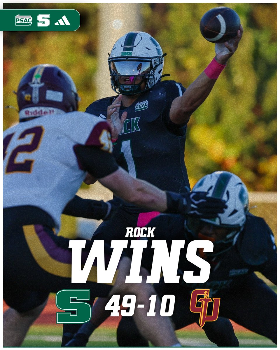 Rock_Athletics's tweet photo. FB: No. 8 Slippery Rock outscored Gannon 35-0 in the second half to run away with a 49-10 win to improve to 5-0 on the year. DaOne Owens was 23-of-27 for 249 yards with 4 TD and no INT. JayJay Jordan ran for 176 yards and 3 TD on 15 carries. Evan Harper had 2 INTs on defense. https://t.co/zgqKnfguH7