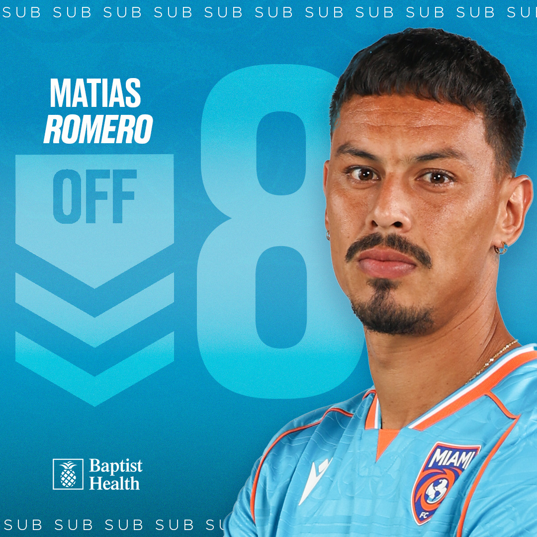 TheMiamiFC's tweet photo. 82โ | ๐ Levin comes on for Romero.
Pres. By @BaptistHealthSF
#VamosMiami | #TBRvMIA 1-2 https://t.co/BZI87b34Tb
