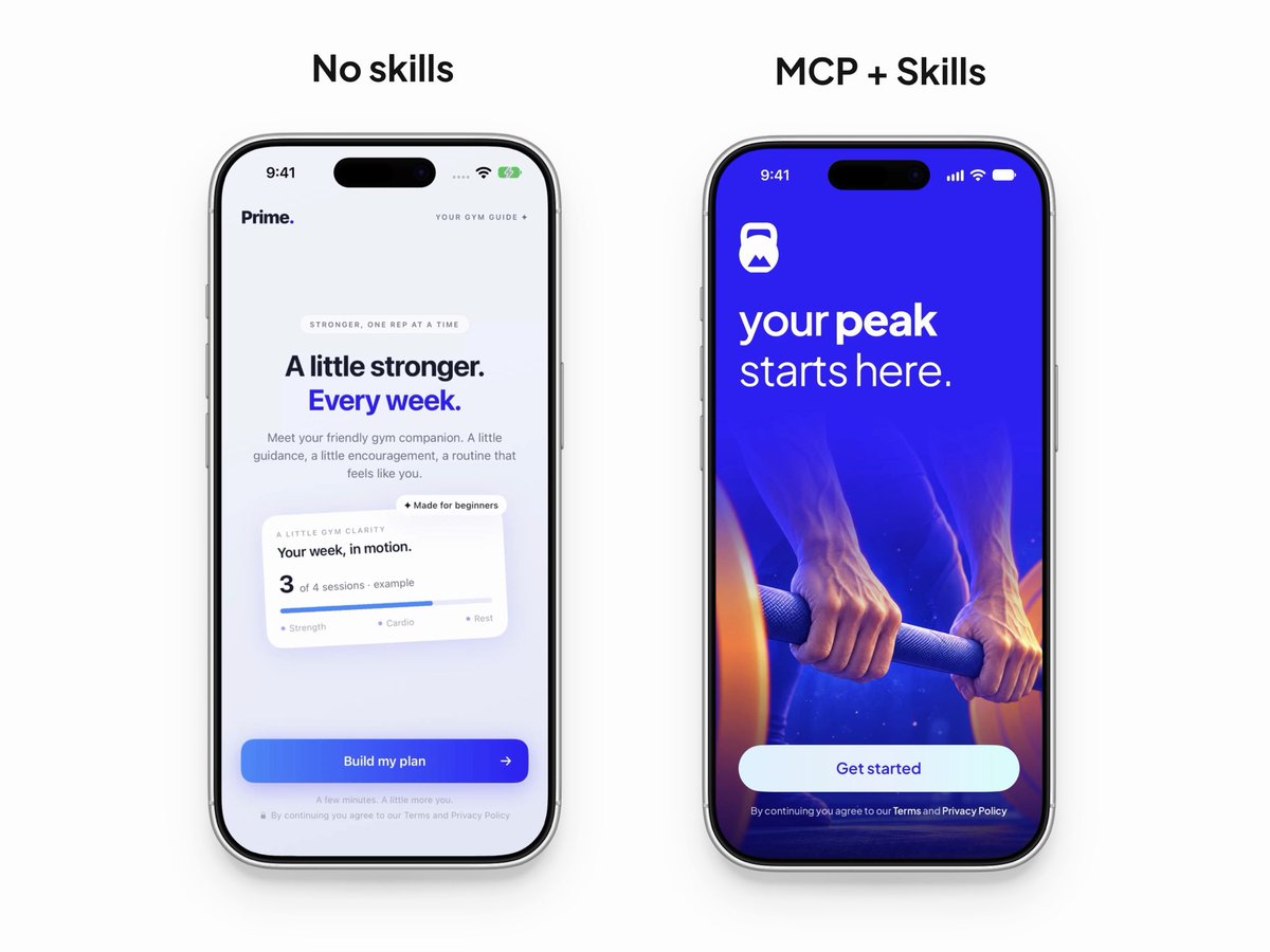 A side-by-side mockup of two smartphone screens comparing a 'No skills' design with a minimalist white interface to an 'MCP + Skills' design featuring a bold blue background with a person lifting weights and the text 'your peak starts here.'