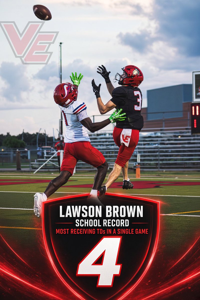 VETitansFB's tweet photo. In last nights victory, senior, @lawson_b11 Lawson Brown broke the school record for most Receiving TDs in a single game! Congrats, Lawson!

4 rec 139 yards 4 TDs

@dctf 
@Matt_Stepp817 https://t.co/TvBP8cBrx6