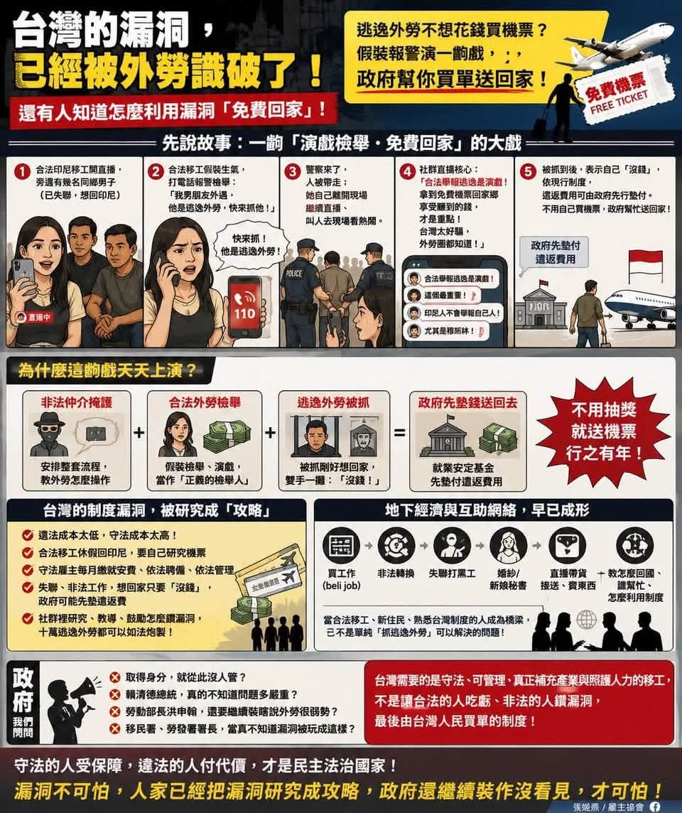 y901664's tweet photo. 台灣的漏洞，已經被外勞研究透了！

幾名失聯移工想回印尼，卻不想自己買機票，竟疑似找合法移工「演一齣檢舉戲」：假裝因為男友外遇，氣得報警檢舉「逃逸外勞」，等警察來抓人。群組裡甚至有人直接點破：「合法舉報逃逸是演戲！這個最重要！」

為什麼要演？因為被查獲、沒錢買機票，依法可能由政府先行墊付遣返費用。於是台灣警察成了道具，就業安定基金成了「先墊機票基金」，最後還是台灣人買單。

更值得警覺的是，合法移工、新住民甚至其他在台網絡，如果開始有人幫忙找工作、傳授漏洞、協助失聯移工規避管理，這就不只是「一個外勞逃跑」，而是一整套地下互助網絡。

移民署、勞動部、行政院、賴政府，還要裝瞎嗎？
