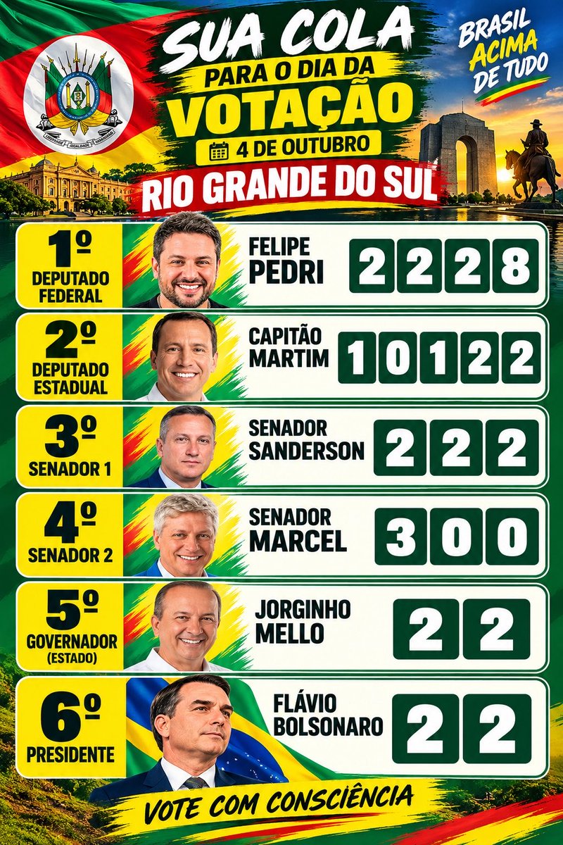 BolsonaroSP's tweet photo. 🟢🔴🟡 RIO GRANDE DO SUL 🟡🔴🟢

FED. Felipe Pedri 2228
@FelipePedri

EST. Capitão Martim 10.122
@CapitaoMartim

SEN. Sanderson 222
@DepSanderson

SEN. Marcel 300
@marcelvanhattem

GOV. Zucco 22
@zuccors

PR. Flávio Bolsonaro 22
@FlavioBolsonaro https://t.co/f5lqAKM2Vj