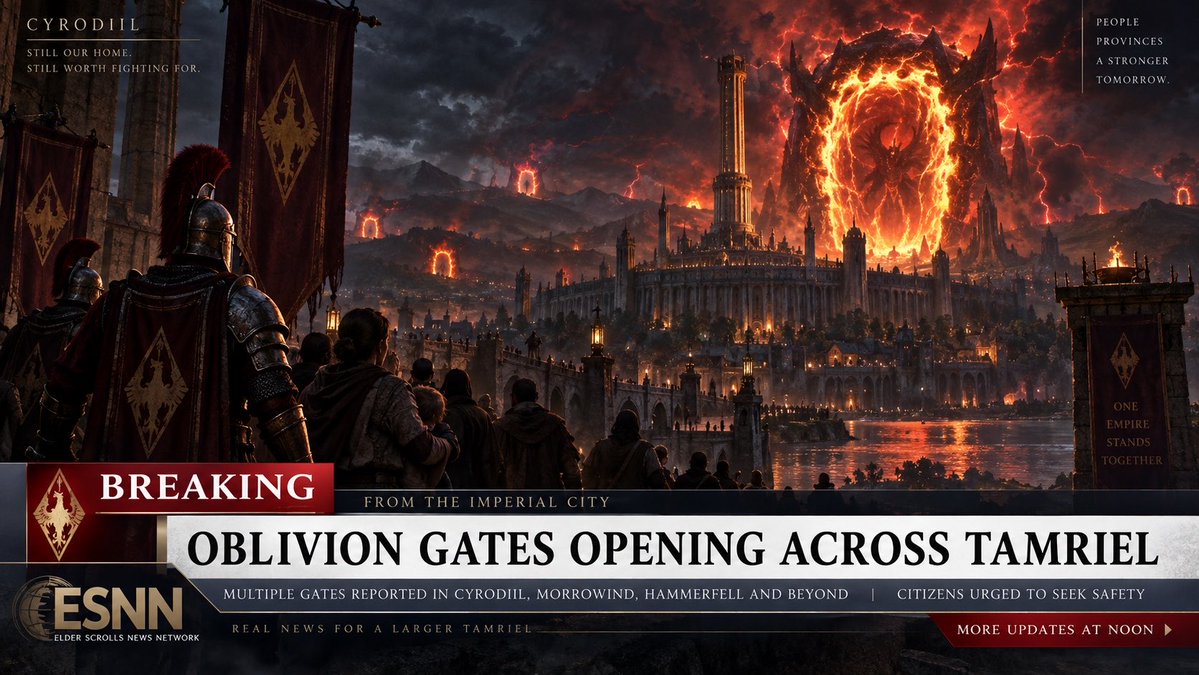 ESNewsNet's tweet photo. 🚨 BREAKING: KVATCH HAS GONE SILENT.

ESNN has lost contact with correspondents inside the city after witnesses reported a massive Oblivion Gate opening outside the walls.

Imperial forces are reportedly mobilizing across Cyrodiil as additional gates continue to appear.

Residents are being told to stay off the roads and seek shelter.

We are now receiving reports of creatures emerging from the gates.

This is no longer an isolated incident.

This is an invasion.

ESNN will continue broadcasting for as long as we can.

— Elder Scrolls News Network