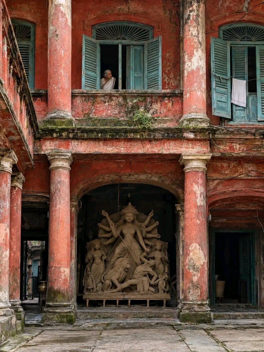 Gramergolpo's tweet photo. 𝐖𝐡𝐞𝐫𝐞 𝐭𝐡𝐞 𝐆𝐨𝐝𝐝𝐞𝐬𝐬 𝐖𝐚𝐢𝐭𝐞𝐝

Once, this old Bonedi Bari would come alive in all its grandeur during Durga Puja. Today, the walls are faded, the facade worn, and the splendour has long begun to crumble. Yet, beneath the peeling plaster and weathered columns, the tradition continues—year after year, the Goddess still comes home.

AI creation inspired by the living heritage and visual memory of old North Kolkata Bonedi Bari culture.

#NorthKolkata #BonediBari #DurgaPuja #DurgaPujaPreparation #KolkataHeritage #AIArt