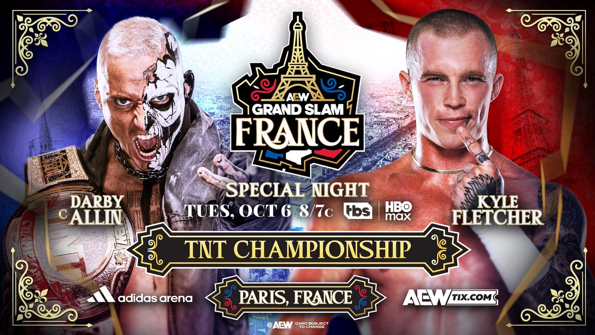 AEW's tweet photo. #AEWGrandSlamFrance This Tuesday, 10/6
TNT Title: @DarbyAllin vs @kylefletcherpro
Kyle Fletcher never lost the TNT Title, it was taken from him when he was injured. TNT Champion Darby Allin has offered Kyle a chance to get the title back!
Allin vs Fletcher in Paris, THIS TUESDAY! https://t.co/QwubAMwv6r