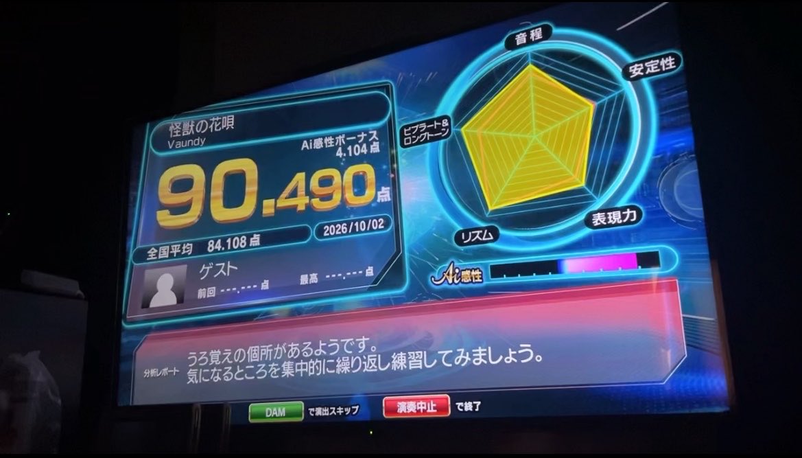 zeaeruu__'s tweet photo. キー変えたりテキトーに歌ったりしてたら少しづつ点数上がってきて90超えるようになってきて⋆⸜ 𝐇𝐚𝐩𝐩𝐲- ̗̀ 𝙷𝙰𝙿𝙿𝚈   ̖́-
全然原曲聴いてないから聴き直したりしたら上がるんだろうけど… https://t.co/kHjfKjRyLh