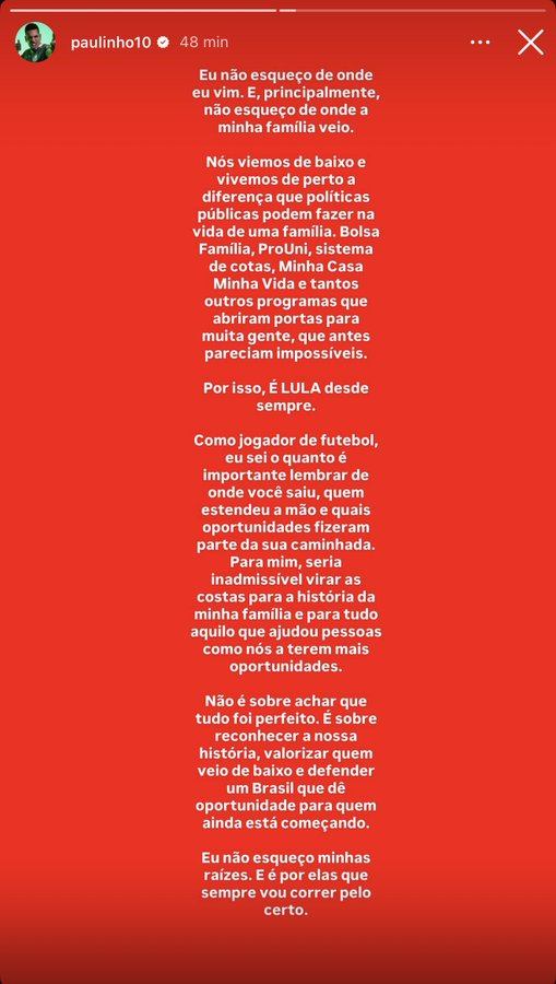 ZAMENZA's tweet photo. Paulinho, do Palmeiras: 

"Eu não esqueço de onde eu vim. E principalmente de onde minha família veio. Nós viemos de baixo e vivemos de perto a diferença que políticas públicas podem fazer, como bolsa família, ProUni, cotas e Minha Casa Minha Vida. POR ISSO É LULA DESDE SEMPRE!" https://t.co/0ZMTwd6Caz
