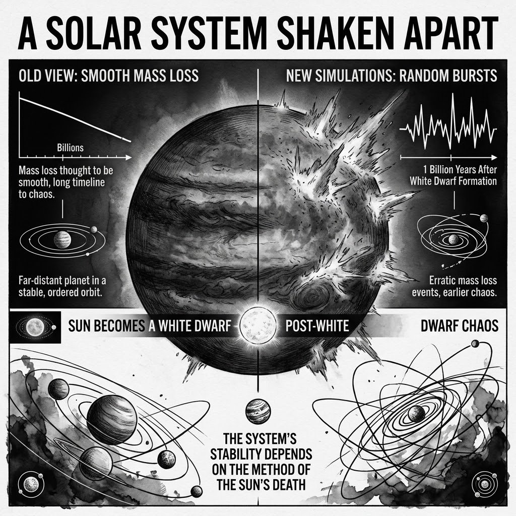 DARKCOMX's tweet photo. New simulations suggest the outer planets could be thrown into chaos about one billion years after the Sun becomes a white dwarf, far earlier than previous estimates. The difference comes from treating the Sun’s mass loss as random bursts rather than a smooth process. The system’s apparent stability depends on how the Sun dies.

A Solar System Shaken Apart