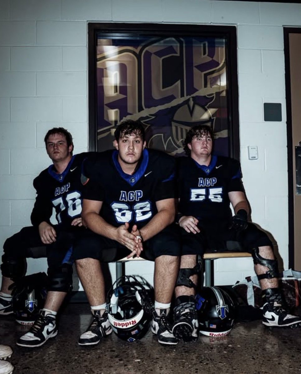 CoachRandall24's tweet photo. Big win for the boys taking down the #5 ranked team in 5A!  I so enjoy watching these guys play! #76 @JacobRandall177 and @jacob_randall_17 has taught me a lot about playing line and I enjoy watching the line play so much more.  I now see the adjustments they make at the line of scrimmage on the fly and I love watching Jacob, Brody and Nate’s communication with Brody to Jacob’s left and Nate to his right of adjustments they make quickly.  They are smart and work so well together as a unit!  A photographer caught a photo of these 3 that was a good pic of them that are like brothers that work so well together and are 3 tough young men!   I caught some game pics too and you’ll see the hands to face and facemasks with their heads bent back by d-line, that they don’t call very often on d-line, that these young men in the trenches endure as O-line to protect their QB and make blocks for the RB.  Few see the ice bags, sore bodies, sore necks from guys grabbing o-line face masks, bruises, and beating they take in a game, but they do it as a unit for each other.  Our stud QB even ran through a guy to get a big first down, when he could’ve slid to go down, and our star RB did the same and battled for extra yards all night too!  These guys give their bodies for the W and for their brothers every game and it’s a privilege to see how they play for each other and the sacrifices they make for each other and the team!  Big things ahead and a great win!!  Go ACP Knights!