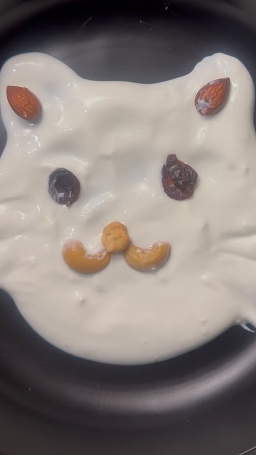 A bowl of yogurt is decorated with almonds, raisins, and cashews arranged to form a smiley face resembling a cat.