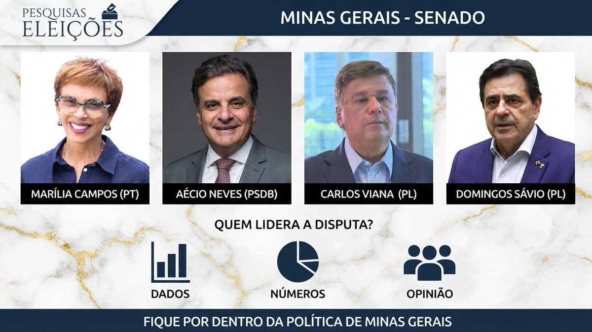EleicaoBr2026's tweet photo. 📊 QUAEST | SENADO | MINAS GERAIS

🗳️ VOTOS VÁLIDOS
🔵 Domingos Sávio (PL): 22%
⚫ Carlos Viana (PSD): 18%
🔴 Marília Campos (PT): 18%
🟡 Aécio Neves (PSDB): 17%
🟠 Marcelo Aro (PP): 10%
⚪ Marco Antônio Superman (NOVO): 9%
🟣 Áurea Carolina (PSOL): 6%

▶️ Domingos Sávio aparece na liderança com 22% dos votos válidos, enquanto Carlos Viana e Marília Campos estão empatados em 18%, e Aécio Neves registra 17%. Os quatro primeiros estão separados por apenas 5 pontos percentuais.

📋 FICHA TÉCNICA
Instituto: Quaest
Contratante: Globo
Estado: Minas Gerais
Cargo: Senado Federal
Campo: 2 e 3 de outubro de 2026
Amostra: 3.204 eleitores
Público: eleitores de 16 anos ou mais
Margem de erro: ±2 pontos percentuais
Nível de confiança: 95%
Registro: MG-06889/2026
Fonte: G1/Globo