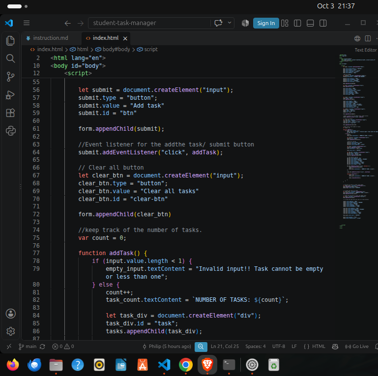 phil_builds's tweet photo. Day 87 of @blockfuselabs 200 Days of Code. Today I finished the task given to me. I used DOM manipulation to create a student task manager. Nothing was hard-coded in html - everything was done with js 113 days to go.🔨#buildinpublic #tailwind #webdevelopment #200daysofcode #day87 https://t.co/SbP3pA5ZgG