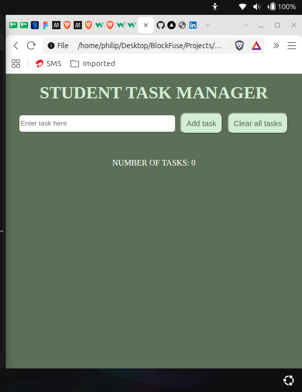 phil_builds's tweet photo. Day 87 of @blockfuselabs 200 Days of Code. Today I finished the task given to me. I used DOM manipulation to create a student task manager. Nothing was hard-coded in html - everything was done with js 113 days to go.🔨#buildinpublic #tailwind #webdevelopment #200daysofcode #day87 https://t.co/SbP3pA5ZgG