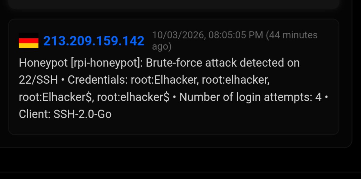 elhackernet's tweet photo. Genial intento de acceso SSH en el Honeypot Cowrie con el usuario root y la contraseña elhacker 😂

Empezamos a reportar los eventos del Honeypot al servicio gratuito Sniffcat, muy parecido a AbuseIPDB
https://t.co/ln8qlfJhpt https://t.co/iUyjuflicb