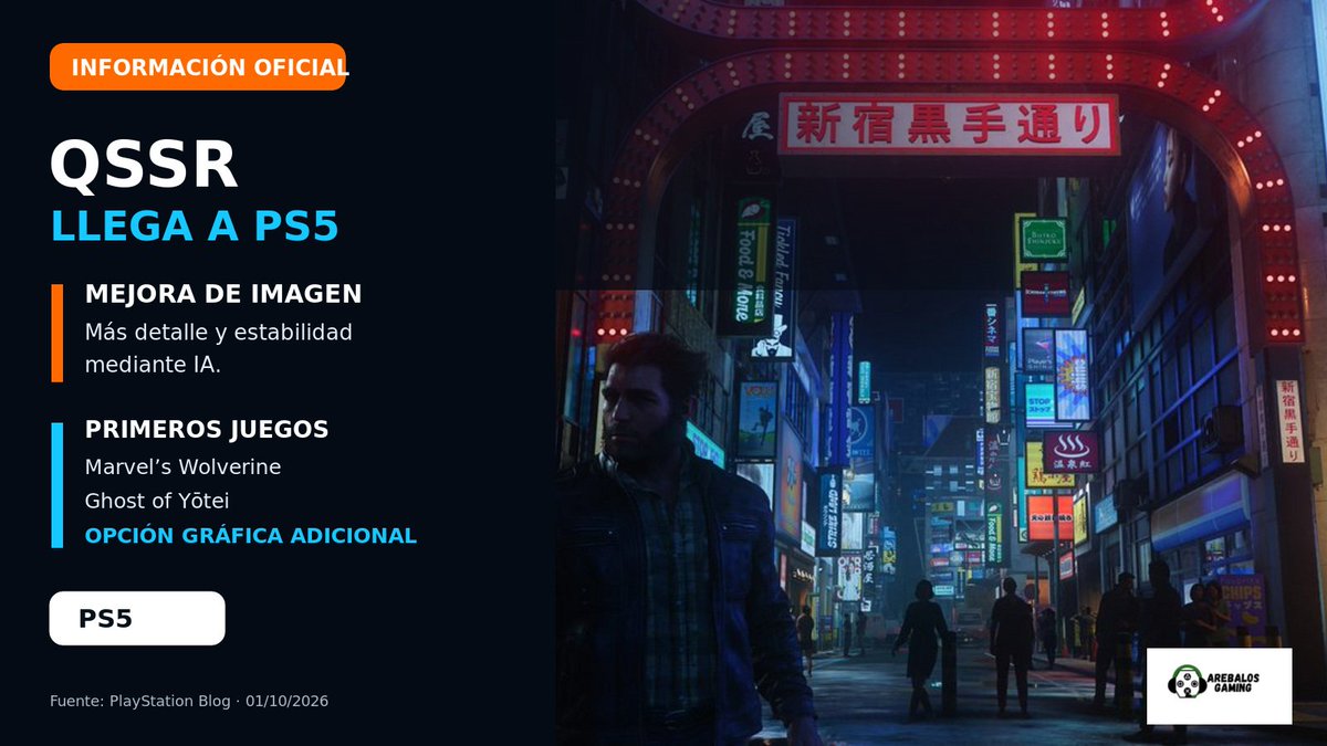 ArebalosGaming's tweet photo. 🤖 QSSR LLEGA A PS5
PlayStation estrenó una nueva opción de reescalado con IA que mejora el detalle y la estabilidad de imagen. Marvel’s Wolverine y Ghost of Yōtei son los primeros juegos compatibles.
¿La vas a probar? Seguinos 
#PS5 #Wolverine #GhostOfYotei https://t.co/Qj1UZjp1uB