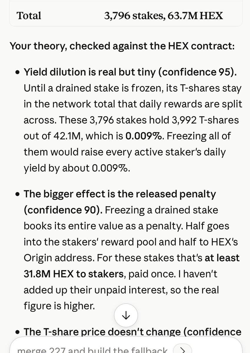 KCCrypto369's tweet photo. Hey #PulseChain, 

What happens to a late HEX stake that’s been fully penalized and lost all its principal? 

Is there an automated function that fires after 2 years that auto ends the stake so the HEX can be minted and distributed to the staker class?! 

The answer is no. Nothing happens. It just sits and collects dust and the HEX is never minted. This means no penalties are ever distributed…

@RichardHeartWin himself never thought about this but luckily, there’s someone running good accounting on those stakes that everyone else overlooked. 

🤑 I’ve looked through the first batch of stakes between 10k-50k HEX so far and once I good account those, it will generate 63 MILLION HEX in penalties from just the pricipal AND THEN INTEREST

Your welcome 🙏