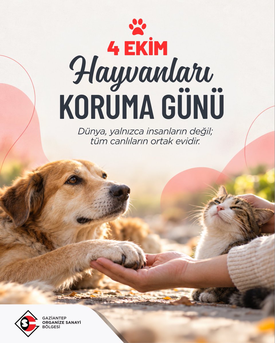 Gaziantep_OSB's tweet photo. Doğanın ve yaşamın ayrılmaz parçası olan tüm hayvanları sevgiyle koruyalım. 🐾

4 Ekim Dünya Hayvanları Koruma Günü kutlu olsun.

#gaosb
#SanayiciDostuÇalışanOSB
@Gaziantep_OSB https://t.co/jORw4aAd5i