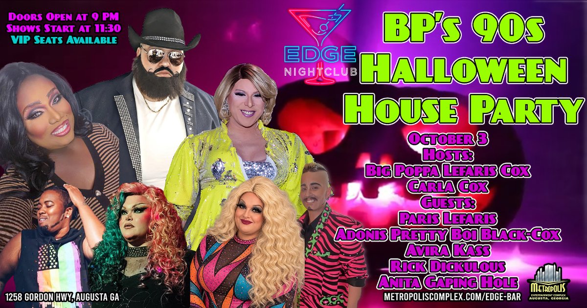 ParliamentAug's tweet photo. ๐ TONIGHT at The Edge! ๐
Our 90โs Halloween Party is happening with Carla Cox, Paris Lefaris, Avaria, Rick, Anita & Adonis! ๐ป
Donโt let the dreary weather stop the fun โ come get spooky with us! ๐ธ๏ธ
โ ๏ธ NO SPLASH tonight due to inclement weather.
#EdgeOfAugusta #QueerAugusta https://t.co/T8M3pFZbpD
