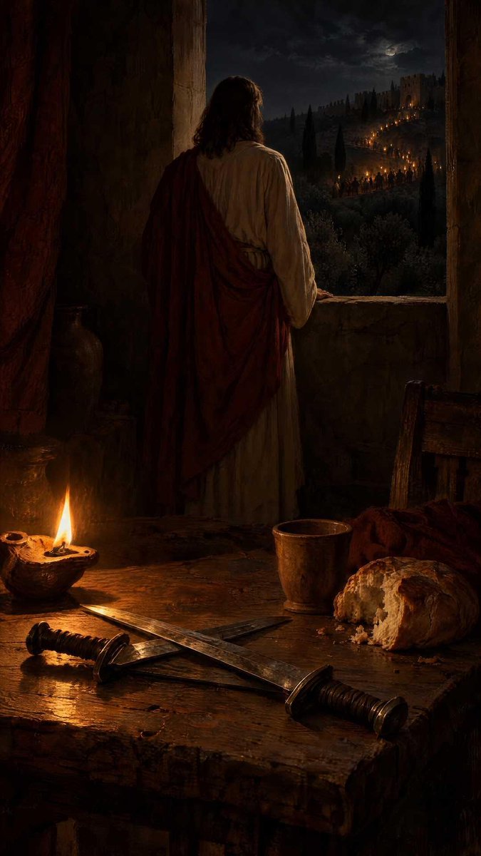 Adam_FaithfulM's tweet photo. "Let the one who has no sword sell his cloak and buy one." - Luke 22:36

Jesus said this at the Last Supper. Hours before His arrest.

The Prince of Peace. The one who said to turn the other cheek. Telling His disciples to arm up?

People quote this verse to win arguments. Almost nobody quotes the very next verse, and that's where the answer is.

First, the setup. Jesus reminds them: "When I sent you out with no moneybag or knapsack or sandals, did you lack anything?" They said, "Nothing." (v.35)

That was the old mission: welcome in the villages, provision everywhere.

"But now," He says, things change. Take the moneybag. Take the knapsack. And the sword.

Then He tells them why:

"For I tell you that this Scripture must be fulfilled in me: 'And he was numbered with the transgressors.' For what is written about me has its fulfillment." (v.37)

That's Isaiah 53:12. The Suffering Servant, the one who bears the sin of many, counted among criminals.

Now watch what happens.

The disciples say, "Look, Lord, here are two swords." And Jesus answers: "It is enough." (v.38)

Two swords. For twelve men. Against a Roman garrison and the temple guard.

Two swords were never going to win a fight. But they were enough for something else: enough for the arresting party to treat Jesus' little band as armed men. Enough for Him to be numbered with the transgressors.

And Jesus Himself points it out at the arrest: "Have you come out as against a robber, with swords and clubs?" (Luke 22:52)

Then Peter actually uses one. He swings and cuts off the ear of the high priest's servant.

And Jesus says: "No more of this!" He touches the man's ear and heals him (v.51). The last miracle before the cross was undoing the damage done by His own disciple's sword.

Christians still debate what this passage means for self-defense, and that's a fair conversation. But Luke tells us plainly what the swords were for in that room: so that every word written about Jesus would come true. He wasn't arming a rebellion. He was walking into the place of a criminal, on purpose.

He was numbered with the transgressors

so that the transgressors could be numbered with Him.

That's you. That's me.