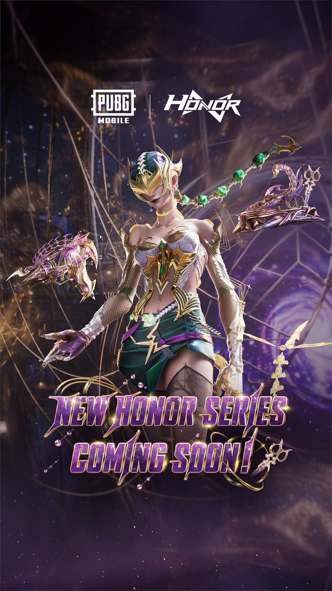 A promotional graphic for PUBG Mobile featuring a female character in ornate gold and green armor surrounded by mystical accessories, with 'NEW HONOR SERIES COMING SOON!' displayed at the bottom.