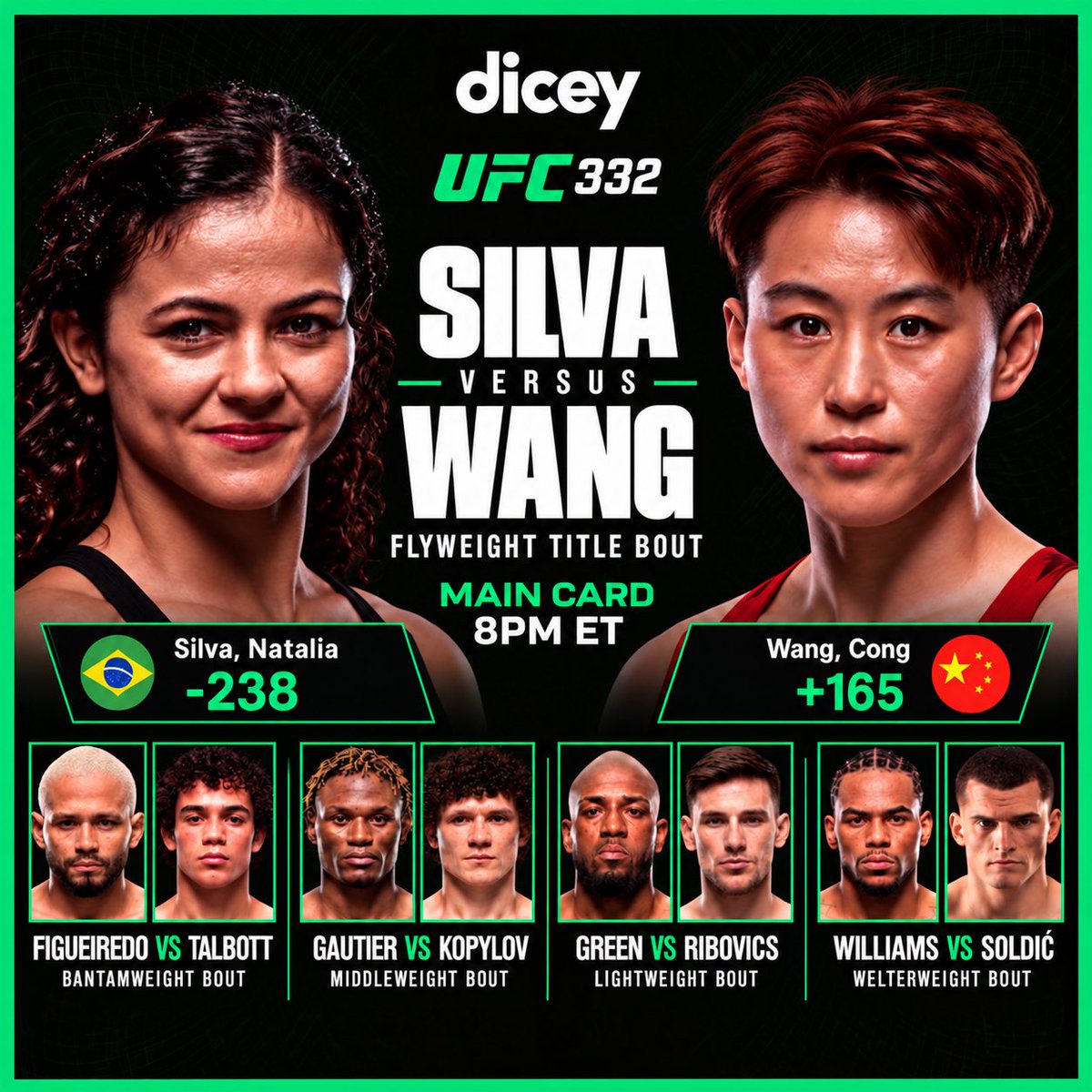 DiceyHQ's tweet photo. UFC 332 tonight.

Flyweight title on the line. 

What’s your lock? Tipping some parlays in the comments👇 https://t.co/V5oFfk6JNU