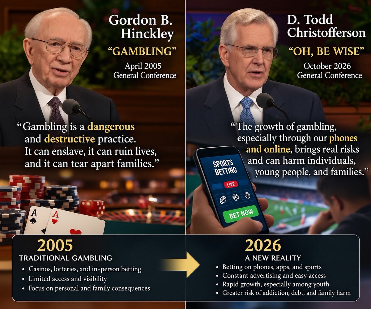 edmarty2010's tweet photo. It’s been more than 20 years since General Conference featured such a direct warning about gambling.

And today, the problem looks very different. You no longer need to walk into a casino betting is on our phones, woven into sports, apps, ads, and everyday entertainment.

In 2025, U.S. commercial sports betting generated $16.9 billion, up 22.6% from the year before. Nearly half of those seeking help for gambling problems were ages 18–34.

That’s why today’s message felt so timely: something marketed as harmless entertainment can quickly become debt, addiction, and family pain.

“Oh, be wise.”

#GeneralConference #Gambling #Faith #Family