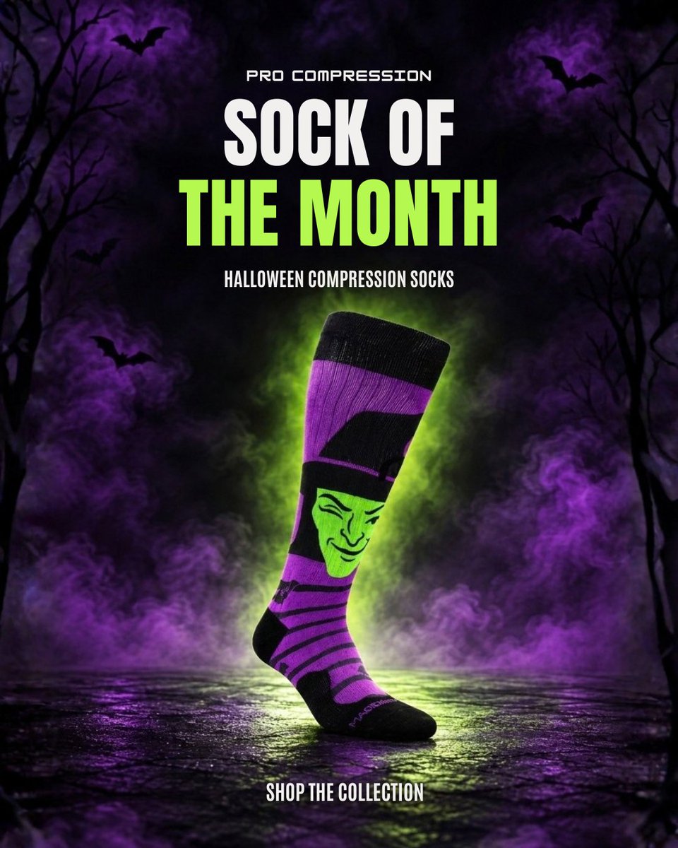 PROCompression's tweet photo. All treats, no tricks 🧙‍♀️🧦 Marathon in Wink Wink is October's Sock of the Month. 40% off sitewide, code POWER40 🔥

#ProCompression #POWER40 #HalloweenSocks https://t.co/LOOkgc01Xm