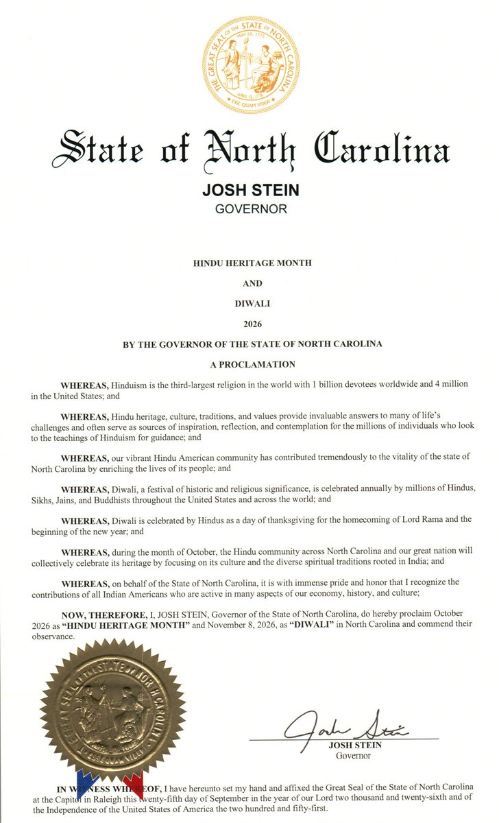 oldnorthpats's tweet photo. Gov. Josh Stein has proclaimed October as "Hindu Heritage Month," pandering to the "contributions" of the "Indian Americans" who have recently flooded into our state

In fact, the "diverse spiritual traditions rooted in India" are inimical to the Christian heritage of the State of North Carolina

Neither foreign heritage nor pagan holidays should be promoted by our elected officials