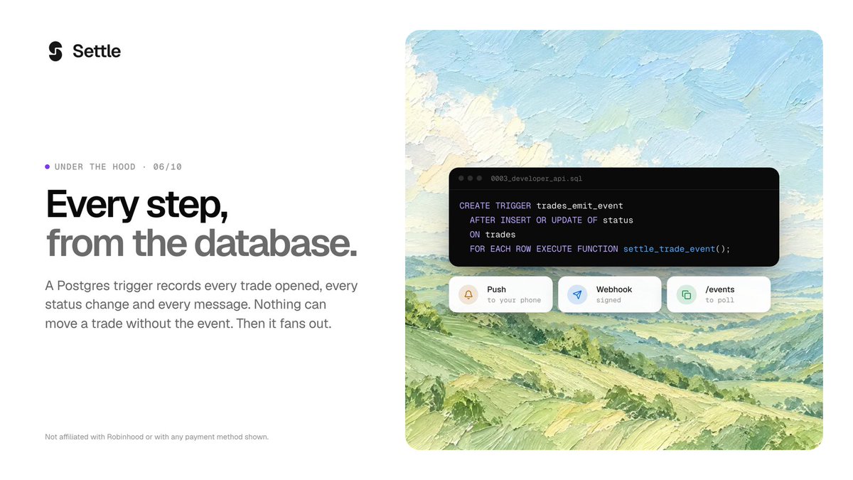 UseSettleApp's tweet photo. Every step of every trade comes from the database itself.

A Postgres trigger records each trade opened, each status change, each message. Nothing moves a trade without its event.

From there: push to your phone, signed webhooks, an event feed. https://t.co/D3LULZhuZT