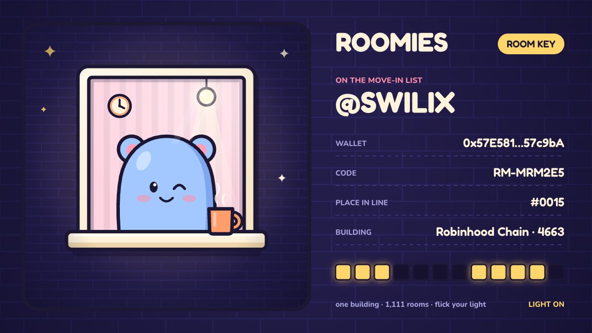 SwiliiX_'s tweet photo. 🏢 I'm on the move-in list for @roomiesblock.

one building. 1,111 rooms. own a room → flick your light 💡
fully on-chain on Robinhood Chain.

Apply for a room: https://t.co/ELCFybgPwh https://t.co/iMaaZfKF3y