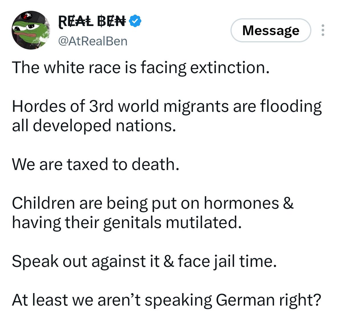 PepecoinMaxxer's tweet photo. This is the crux of the problem.

And the cause of it are traitors from within funded and blackmailed by Mossad/CIA/jews. https://t.co/Ajst49fFv2