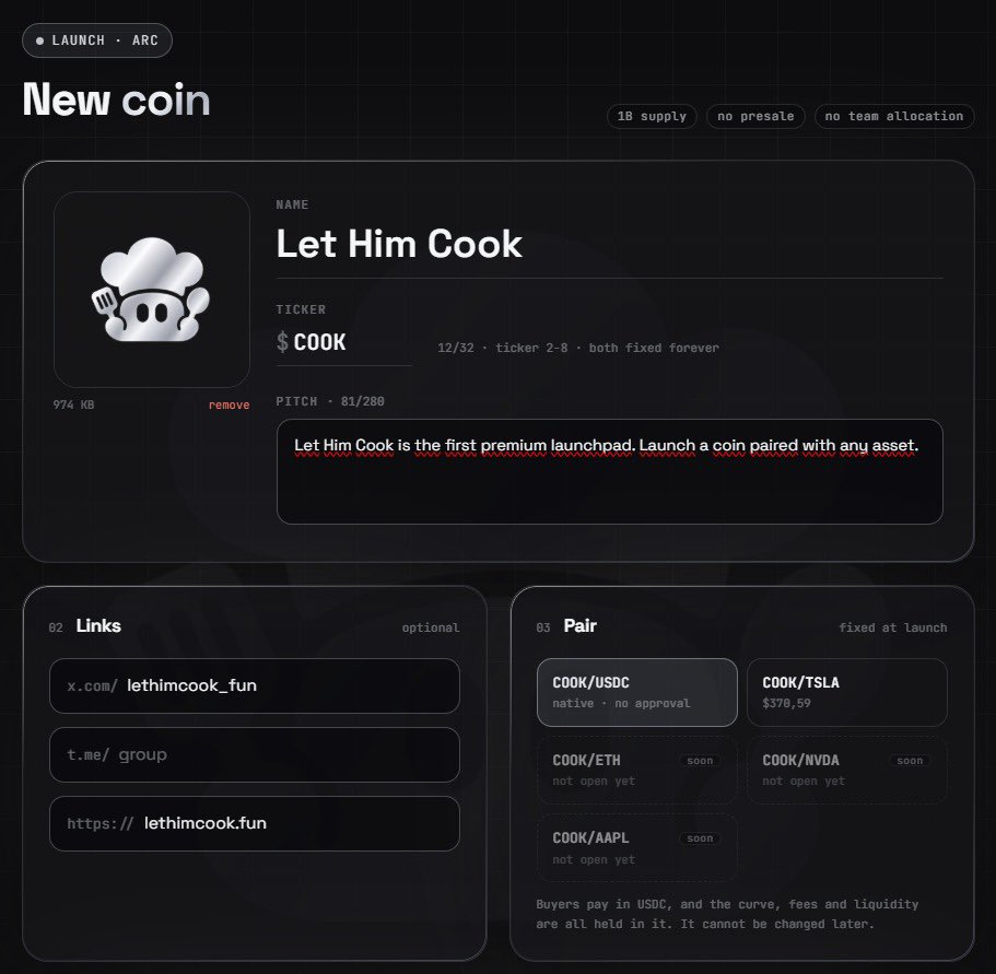 lethimcook_fun's tweet photo. Let Him Cook is the first premium launchpad built for @arc 

 Pair your token with anything. A stablecoins, a meme, a tokenized stocks. 

Are you looking forward to tomorrow?
- Notifications Open 🔔 https://t.co/Ql9QfAlZPb
