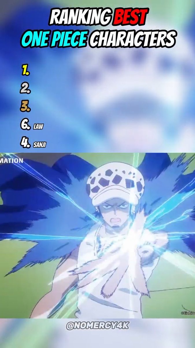 A One Piece anime clip showing Trafalgar Law using his powers, with overlay text "RANKING BEST ONE PIECE CHARACTERS" and rankings listing LAW at 6 and SANJI at 4, credited to @NOMERCY4K.