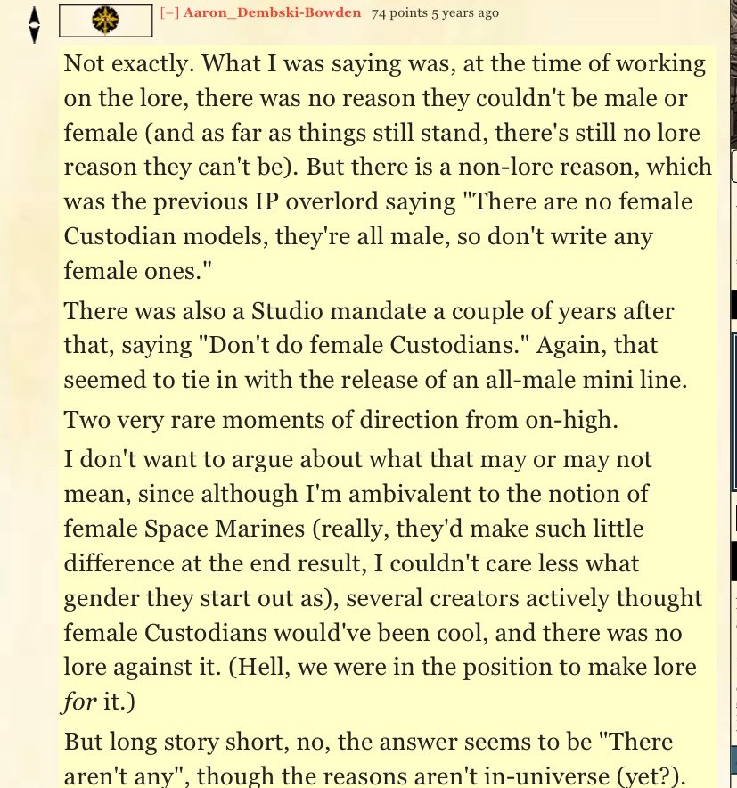 Balam_GF13's tweet photo. Wait... He was promoted to head of narrative in 2022... And two years laters femstodes are suddenly cannon... And he's on record admitting he wanted to make female custodes... SON OF A BITCH! https://t.co/g97A13OwrT