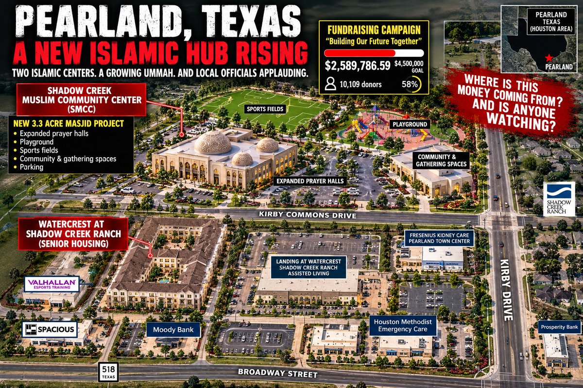 AmyMek's tweet photo. 🚨 PEARLAND, TEXAS: A NEW MULTIMILLION-DOLLAR ISLAMIC HUB IS RISING.

Shadow Creek Muslim Community Center (SMCC) says its existing facility was built for roughly 300 people but now serves more than 1,000.

Now it is expanding onto 3.3 acres on Kirby Commons Drive with plans for:

Expanded prayer halls. Playgrounds. Sports fields. Community gathering spaces. Youth and educational programming.

The price tag?

$4.5 MILLION.

More than $2.5 MILLION has already been raised from more than 10,000 donors.   

But now look at who leads it.

SMCC President and Imam Dr. Basem Hamid sits on the Islamic Society of Greater Houston's Fatwa Council and, according to our research, has authored formal Islamic legal rulings for the Assembly of Muslim Jurists of America (AMJA).   

UNDERSTAND WHAT THAT MEANS.

A fatwa is an Islamic legal opinion interpreting Sharia, guidance about how Muslims should live and act according to Islamic law.

AMJA is not simply another mosque organization. It is an organization of Islamic jurists that issues fatwas, answers questions about Islamic law and trains American imams and religious leaders in Islamic jurisprudence.   

So the man leading this massive Pearland expansion isn't merely raising money and constructing a mosque.

He participates in institutions devoted to interpreting and applying Islamic law in America.

And the institution he leads is expanding its reach beyond prayer.

SMCC has partnered with the Shadow Creek High School Muslim Students Association, including for World Hijab Day, and publicly celebrates people converting to Islam.  

Hamid has also participated in local civic and interfaith efforts. We have even seen him appear with county and city officials, including during Brazoria County's recognition of Ramadan and Eid and in a meeting with Pearland's mayor and police chief.    

PUT THE WHOLE PICTURE TOGETHER:
3.3 ACRES.
$4.5 MILLION.
$2.5+ MILLION ALREADY RAISED.
10,000+ DONORS.

PRAYER. EDUCATION. YOUTH. RECREATION. COMMUNITY INFRASTRUCTURE.

AND A LEADER INVOLVED IN ISLAMIC JURISPRUDENCE.

These large, multi-function Islamic campuses are appearing across Texas, creating permanent institutions designed to serve communities far beyond Friday prayer.

And that makes the money a major unanswered question.

WHO ARE THE BIGGEST DONORS? WHERE IS THE MONEY COMING FROM? IS ANY OF IT COMING FROM FOREIGN OR INSTITUTIONAL SOURCES? AND IS ANYONE IN TEXAS FOLLOWING IT?

Pearland residents deserve to know exactly what is being built, who is financing it, who is leading it, and what institutions stand behind that leadership.

THIS ISN'T JUST ANOTHER MOSQUE BUILDING.

PEARLAND IS WATCHING A MULTIMILLION-DOLLAR ISLAMIC INSTITUTIONAL HUB TAKE SHAPE IN REAL TIME.

FULL REPORT: https://t.co/p1E6qQsUyH