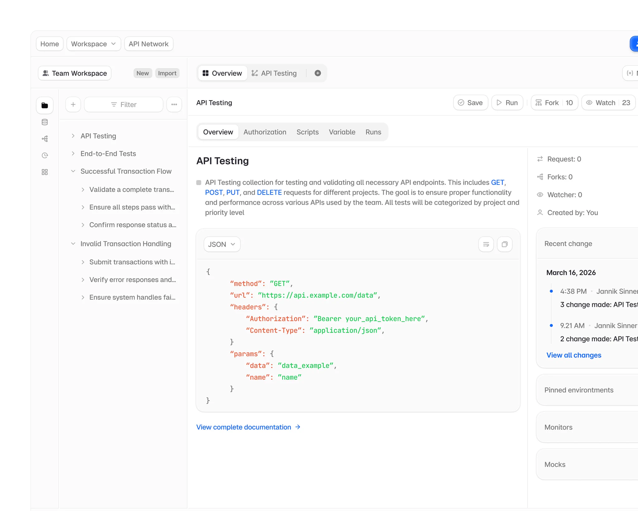 API 테스트 워크스페이스 — 3단 패널과 JSON 코드 블록