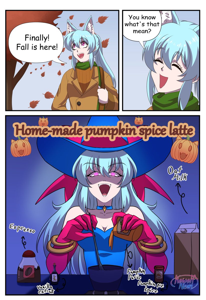 KowolfNeon's tweet photo. Pumpkin spice latte~ 🎃🍂🍁#webcomic https://t.co/tnAcVEYL1e