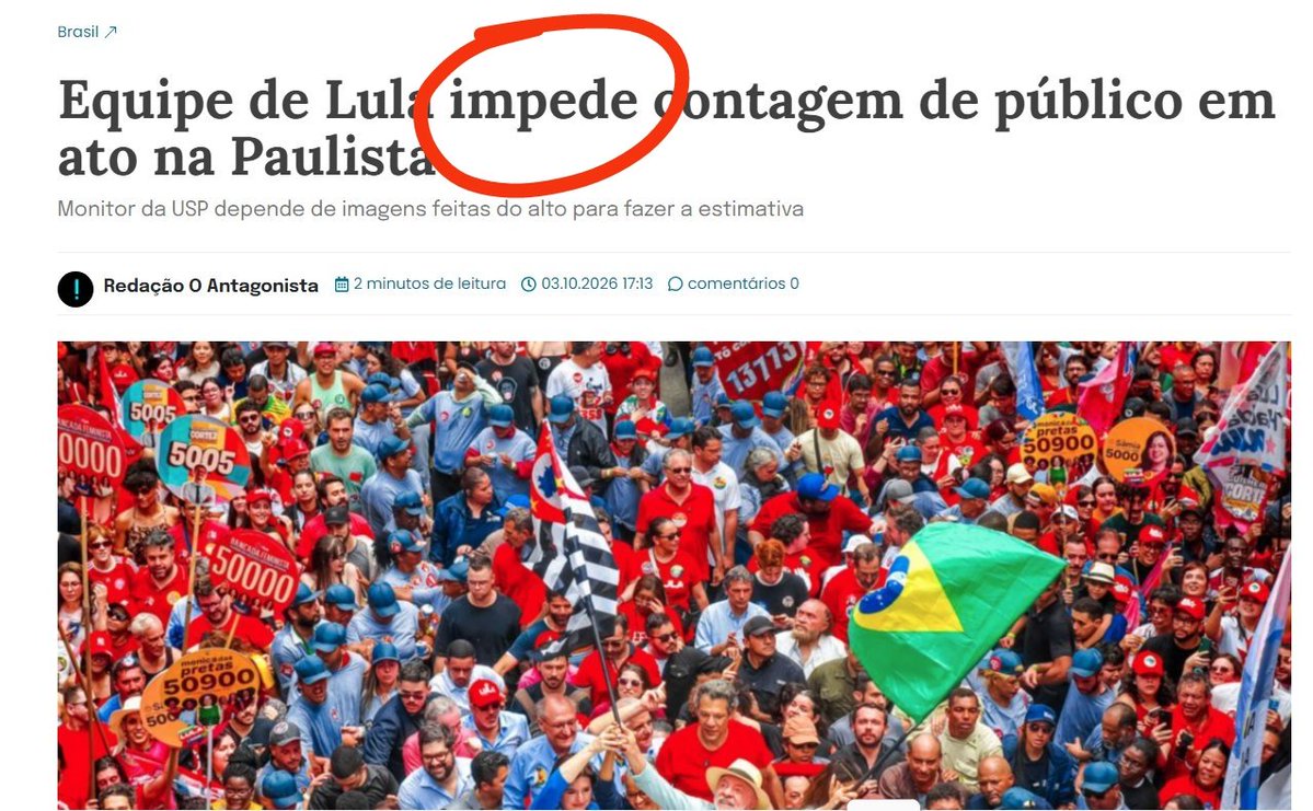 SidnelsonEu's tweet photo. GENTE!

A equipe do Presidente da República NÃO DEIXOU que fizessem a contagem das pessoas que estiveram presentes no ato de HOJE na Paulista.

JÁ SABEM O QUE ISSO SIGNIFICA NÉ? https://t.co/FTdkr8Yy87