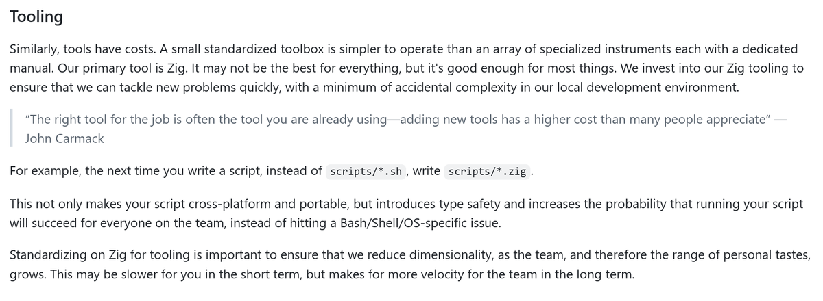valigo's tweet photo. I can't believe that Carmack, TigerBeetle, and I all agree on tooling.
This is why I'm currently doing EVERYTHING in Jai. Even stuff like simple scripting that you'd normally use bash or Python for.
Jai having robust modules for file and subprocess-related stuff helps a lot! https://t.co/Lf97LPI9Lr