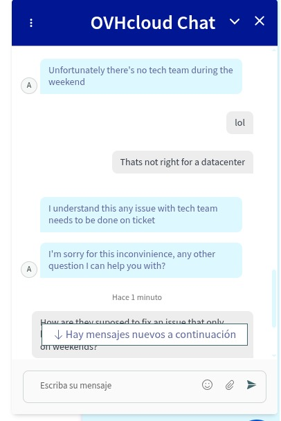 G_rar's tweet photo. Two months, ten outages on our @OVHcloud vRack, nearly all at weekends. Ticket open for five weeks, no root cause.
Today it happened again. Chat support: "no technicians at weekends".
We have premium support. 🙃
@olesovhcom
#OVHcloud #DevOps #SRE https://t.co/CXi3Rz2ukZ